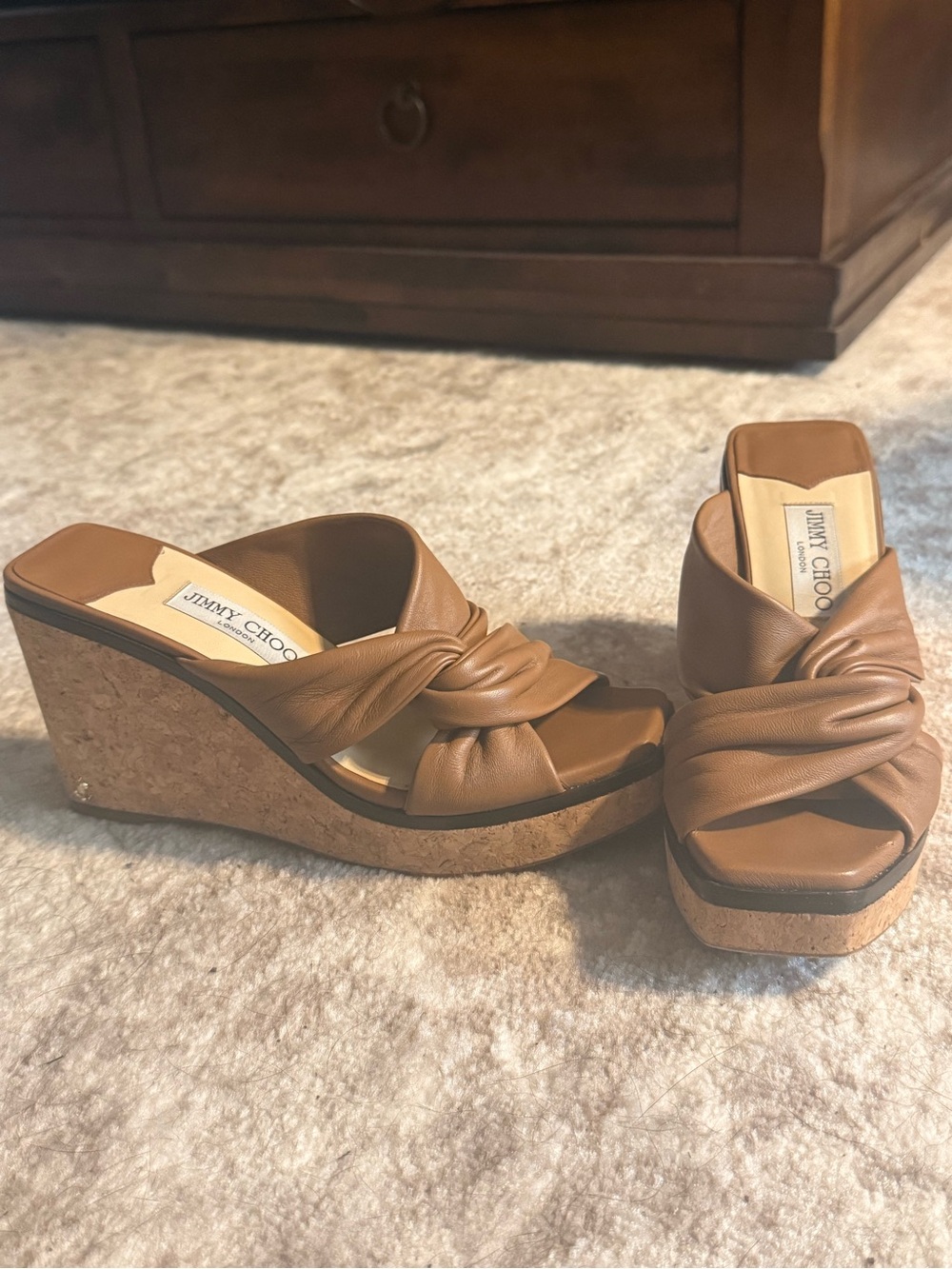 Jimmy Choo Brown Leather Knot Wedge Sandals